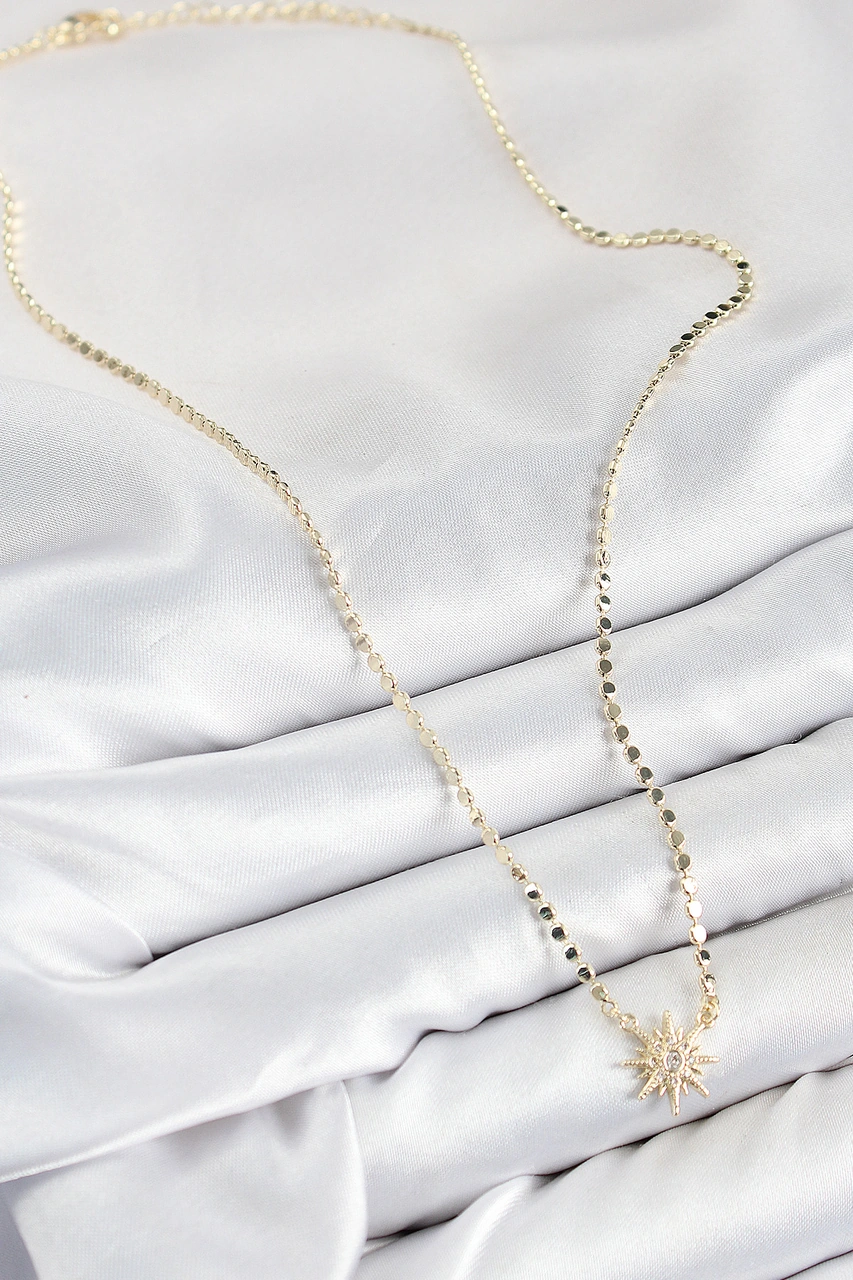 Tua Moda Pirinç Zirkon Taşlı Kutup Yıldızı Model Ezme Zincir Gold Renk Kadın Kolye Çok Renkli
