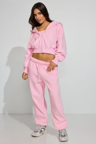 Pembe Crop Kapşonlu Fermuarlı Kadın Sweatshirt Mg2608 Pembe