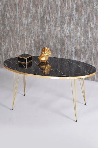 Zigon Sehpa Ve Orta Sehpa Elips Set Gold Tel Siyah Mermer Desen