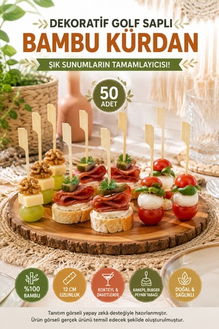 50 Li Dekoratif Golf Saplı Bambu Kürdan 12cm Kanepe Parti Davet Sunum Kokteyl Aperatif Kürdan Seti