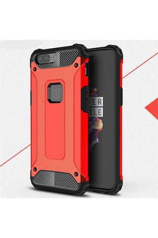 Kilifone - One Plus 5 Uyumlu - Kılıf Çift Katman Koruyucu Crash Military Tank Kılıf - Kırmızı Kırmızı