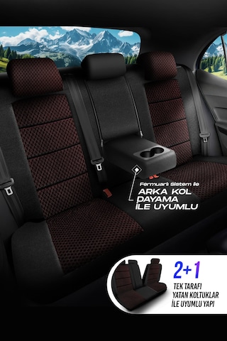 Bordo - Siyah Panda Dragon Serisi Dokuma Kumaş Oto Koltuk Kılıfı - Tam Set