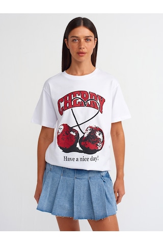 Dilvin Baskılı Ve Pamuklu T-shirt Beyaz
