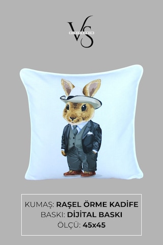 Kırlent Kılıfı Tavşan Desenli 45x45 Raşel Örme Kadife Çift Taraflı Dijital Baskı Beyaz Biyeli 04 Beyaz