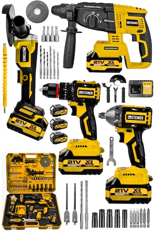 Steiner 21v Darbeli Kömürsüz Kırıcı Delici Hilti & Taşlama & Matkap & Somun Sıkma Sökme 4'lü Set Sarı