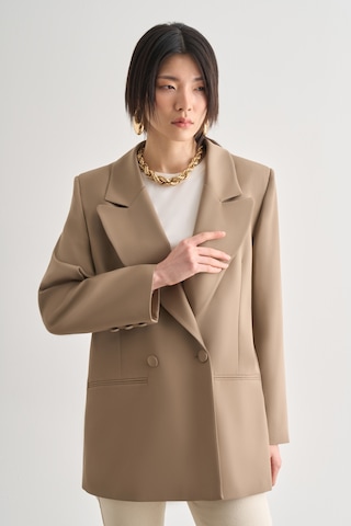 Mizalle Oversize Çift Yırtmaçlı Bej Blazer Ceket Bej