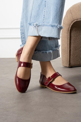 Shoetek Hanna Kadın Babet Bantlı Tokalı Bordo Deri Bordo Cilt Bordo