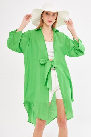Armonika Kadın Yeşil Önden Bağlamalı İnce Keten Kumaş Midi Boy Kimono Gömlek Arm-24y001081
