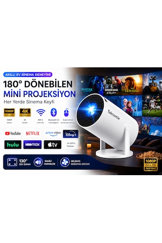 Teknomie Mini Projeksiyon Cihazı 1080p Full Hd Wifi 6 Bluetooth 5.2 180 Döner Akıllı Projektör