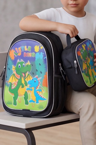 Little Dino Beslenme Çantalı İlkokul Ve Anaokulu Sırt Çantası Seti Ergonomik Çocuk Okul Çantası Siyah