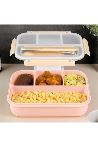 Sızdırmaz Contalı Yemek Kabı - 4 Bölmeli Çatal Kaşıklı Diyet Beslenme Kutusu Lunch Box Pembe Sku: Smgstk0c10230d34 Açık Mavi