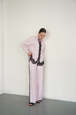 Verymoda Dantel Detaylı Çizgili Pantolon F2083 Pembe