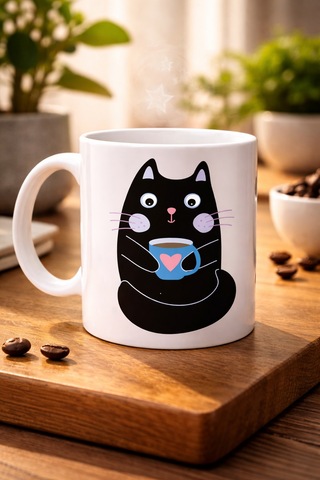 Sevimli Siyah Kedi Baskılı Porselen Kupa Model 198 Kahve İçen Kedi Tasarımlı Kupa Bardak Kahve Severlere Eğlenceli Hediye Kupa 6689 Pastel Ultramarin