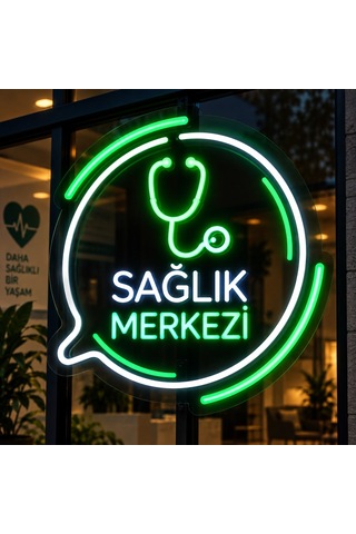 Sağlık Merkezi Neon Led Tabela Klinik Muayenehane Poliklinik Işıklı Pleksi Tabela