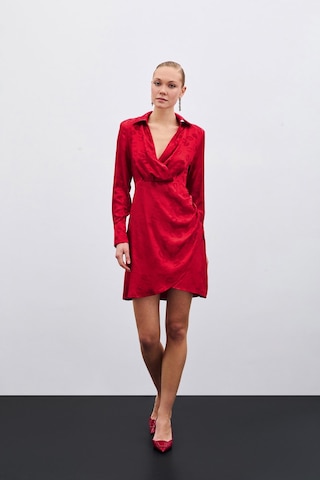 Sateen Desenli Kruvaze Elbise - Kırmızı-135583 Kırmızı