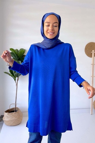 Dik Yaka Merserize Tunik - Saks Saks Mavi