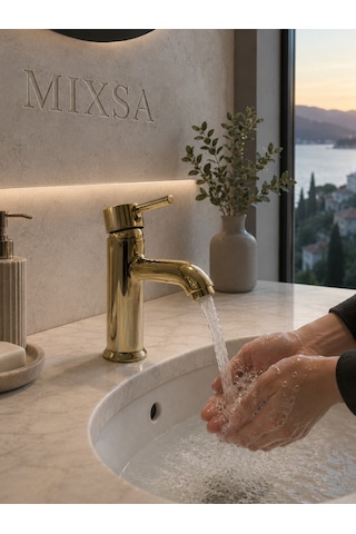 Lüx Gold Premium Sabit Lavabo Bataryası Pirinç Ağır Gövde Çift Su Girişli Lüx Lavabo Bataryası Çeşmesi Musluğu Altın