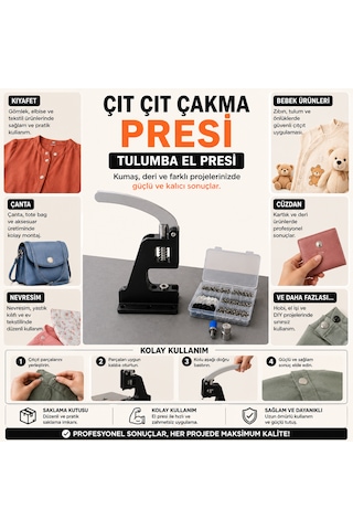 Portatif Küçük Tulumba El Presi - 150 Adet Kapaklı 12,5 Mm Metal Çıtçıt Ve Kalıp Çakım Seti