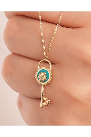 Debora Jewelry 14 Ayar Altın Çiçekli Mineli Kilit Kolye