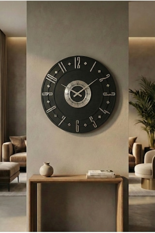 Siyah Renk Gümüş Sayılı Hediyelik Ahşap Dekoratif Ev Hediyelik Duvar Saati 50cm Gümüş