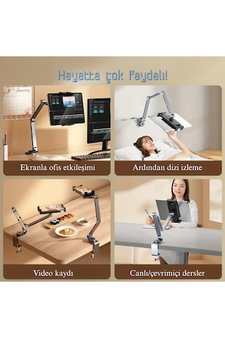Alüminyum Akrobat Tablet & Telefon Tutucu Stand 360 Oynar Başlıklı Ayarlanabilir Uzun Kol