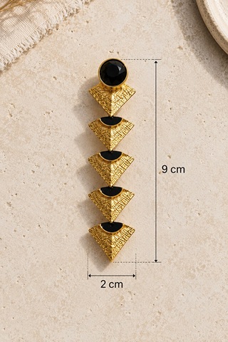 Geometrik Tasarım Taş Detaylı Sallantılı Küpe Siyah