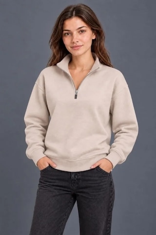 DefyModa Üç İplik İçi Şardonlu Dik Yaka Yarım Fermuarlı Kışlık Sweatshirt - Bej