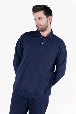 İki İplik Polo Yaka Cepli Sweatshirt Lacivert