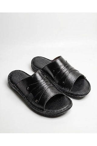 Daytex 0024 Hakiki Deri Erkek Terlik - Sportif Tasarım Hafif Poliüretan Tabanlı Siyah Terlik