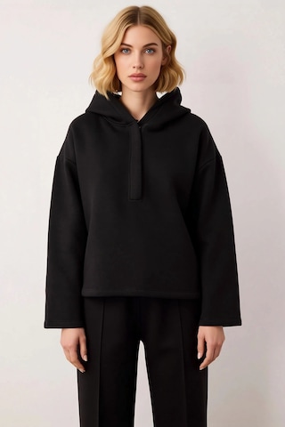 Benerly Kadın Kapüşonlu Düşük Kol Oversize Örme Sweatshirt Fonksiyonel Da siyah