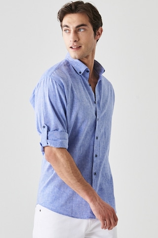 AC&Co / Altınyıldız Classics Erkek Saks Mavi Comfort Fit Rahat Kesim Düğmeli Yaka Casual Keten Gömlek 4A2022200085SKSXL Saks