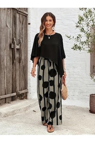 Munn Collection Kadın Truvakar Kol Bisiklet Yaka Asimetrik Dikişsiz Sandy Pelerin Bluz Ve Desenli Pantolon Ikili Takım Siyah