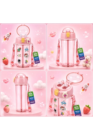 Heydiye Mâbeyn İkili Suluk 550 Ml Tritan Bpa-bps Free Matara, Çift Hazneli, Çift İçim Kapaklı, Bilek Ve Boyun Askılı, Sticker & 3d Figür Hediyeli Açık Pembe
