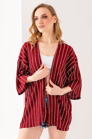 Giysa Kadın Yarım Kol Çizgili Bürümcük Kimono Bordo - 254406 Bordo
