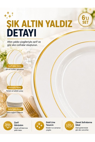 6'lı Altın Yaldızlı Plastik Tabak 26 Cm Porselen Görünümlü Kullan At Parti Davet Servis Tabağı