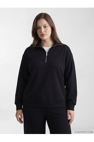 Lcw Comfort Siyah Dik Yaka Kadın Fermuarlı Sweatshirt