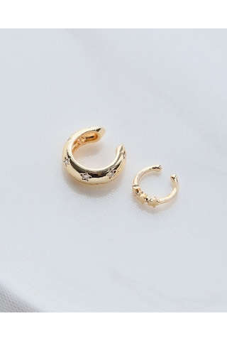 Gold Renk 2 Li Yıldız Zirkon Taşlı Earcuff Seti Renkli