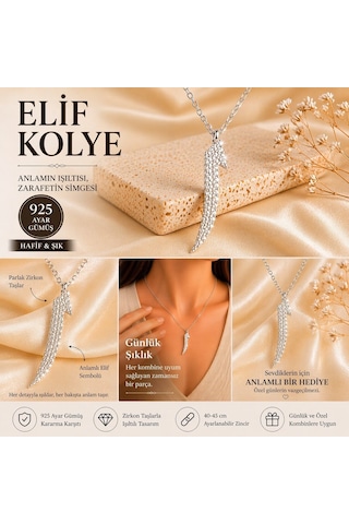 Elif Harfi Zirkon Taşlı 925 Ayar Gümüş Kadın Kolye Gümüş - Rodyum
