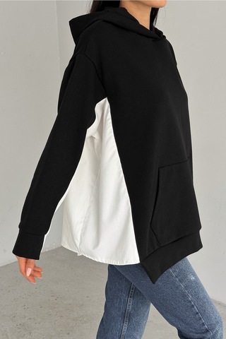 Femelle Kadın Siyah Standart Beden Oversize Kalıp Cepli Tasarım Sweatshirt