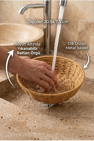 Yıkanabilir Rattan Yuvarlak Ekmek Sepeti 20.5 Cm - Metal İskeletli Hasır Banyo Ve Mutfak Sepeti Kahverengi