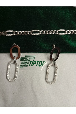 Tiptop/ Gümüş Renk Zirkon Taşlı Sallantılı Model Çelik Küpe -zincir Model Zirkon Taşlı Bileklik Gümüş