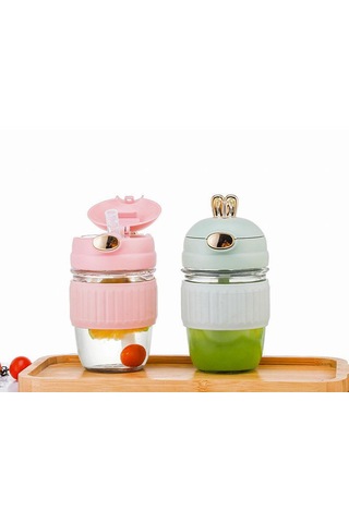 Taşınabilir Sevimli Karikatür Tavşan Su Bardağı-mavi