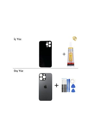 Apple Uyumlu iPhone 14 Pro Max Siyah Arka Kapak Arka Cam Batarya Kapağı Lazer Kesim Kapak Pil Kapağı + B-7000 Yapıştırıcı + Tamir Seti