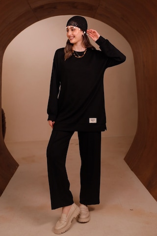 Balenbi Kadın Oysh Modal Kumaş Oversize 80 Cm Tunik Bol Paça Pantolon Tesettür Takım 1228 Siyah