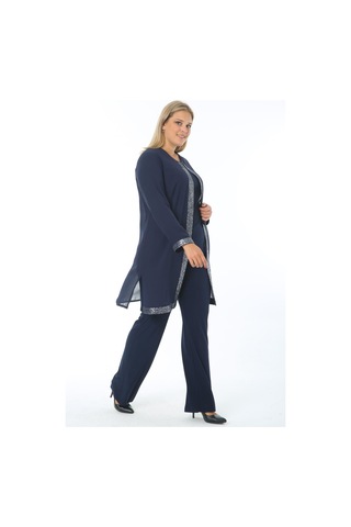 Büyük Beden 3552 Lacivert Ceket+Bluz+Pantolon Üçlü Takım Gümüş - Lacivert