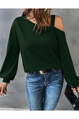 Alyn Wear Kadın Uzun Kollu Tek Omuz Askı Detay Salaş Viskon Iki Iplik Bluz Zümrüt