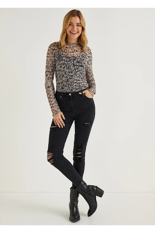 Lupinn Moda Kadın Desenli Transparan Tül Body Uzun Kollu Esnek İnce Fit Leopar & Zebra Desen - Yazlık Şık Üst Kahverengi