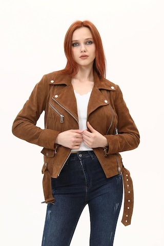 Leatinn Biker Taba Kadın Deri Mont