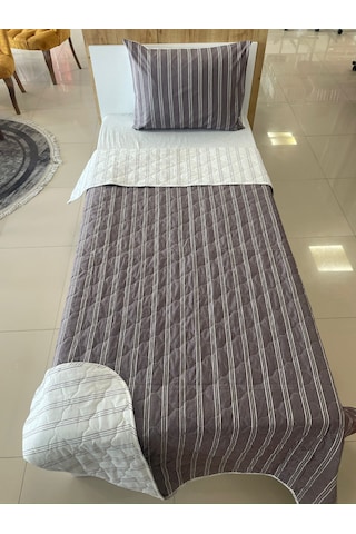 Fulya Tek Kişilik Çift Taraflı Kapitone Yatak Örtüsü Takımı Çizgili Bordo