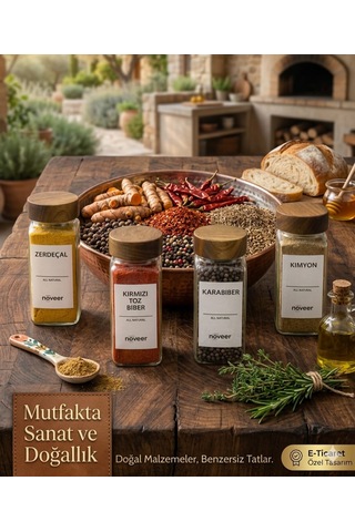 Bambu Kapaklı Standlı 4'lü Cam Baharatlık Seti 120 Ml Kare Tasarımlı Ahşap - Şeffaf
